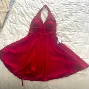 Bright red fit and flare halter dress